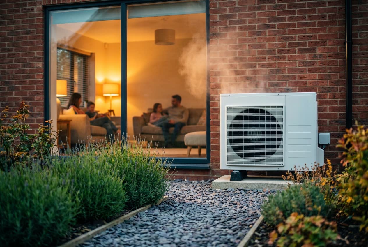 Air-to-water air-source heat pump installed outside a UK brick home, family relaxing in the warm living room inside